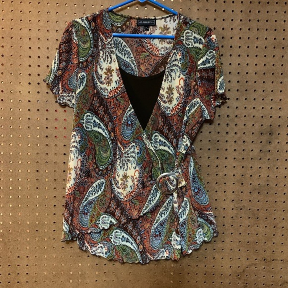 Elementz Womens XL Paisley Print Mock Wrap Short Sleeve Top Blouse 90S y2k